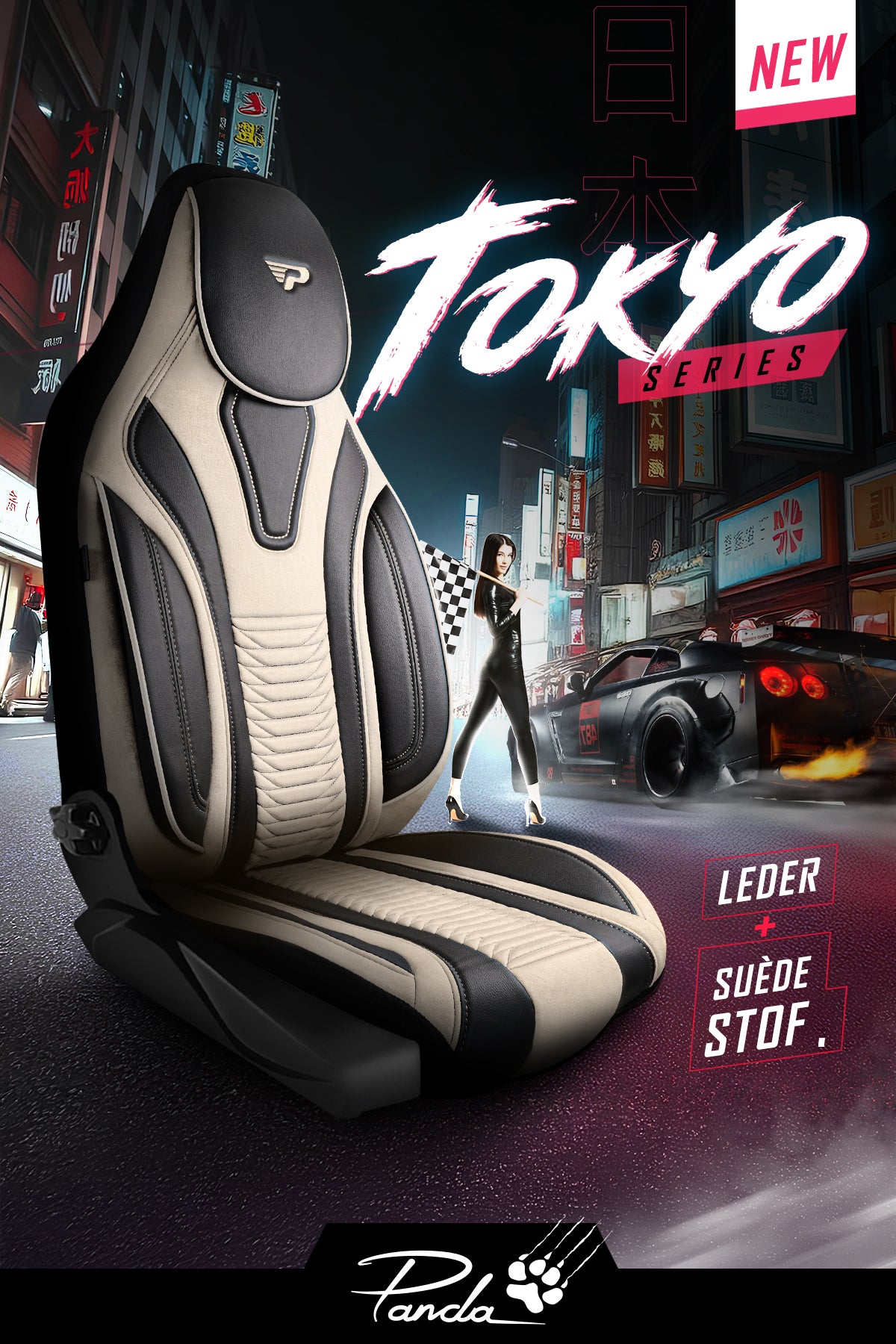 Panda Tokio Serie Wildleder und Leder Stoff Luxus Autositzbezug 1+1 Sitze