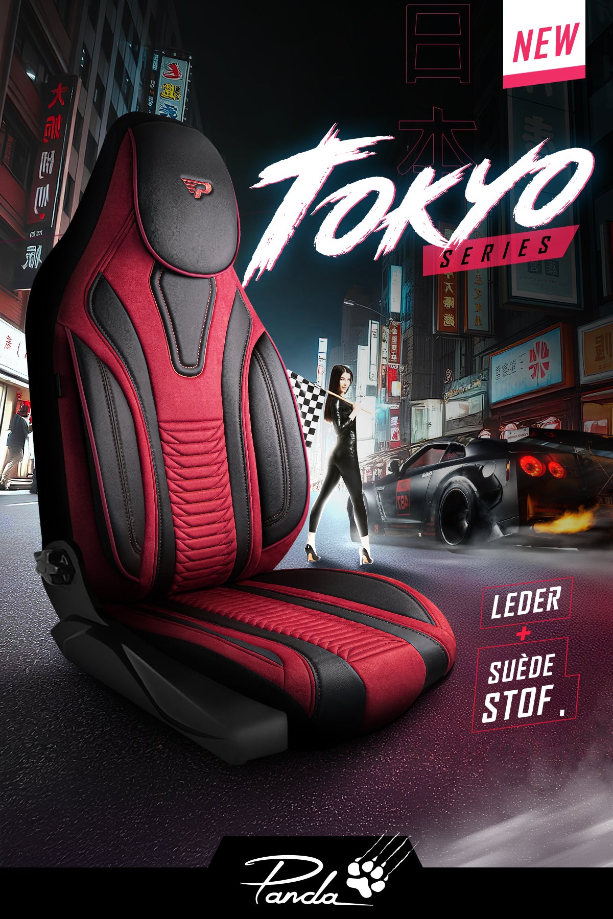 Panda Tokio Serie Wildleder und Leder Stoff Luxus Autositzbezug 1+1 Sitze