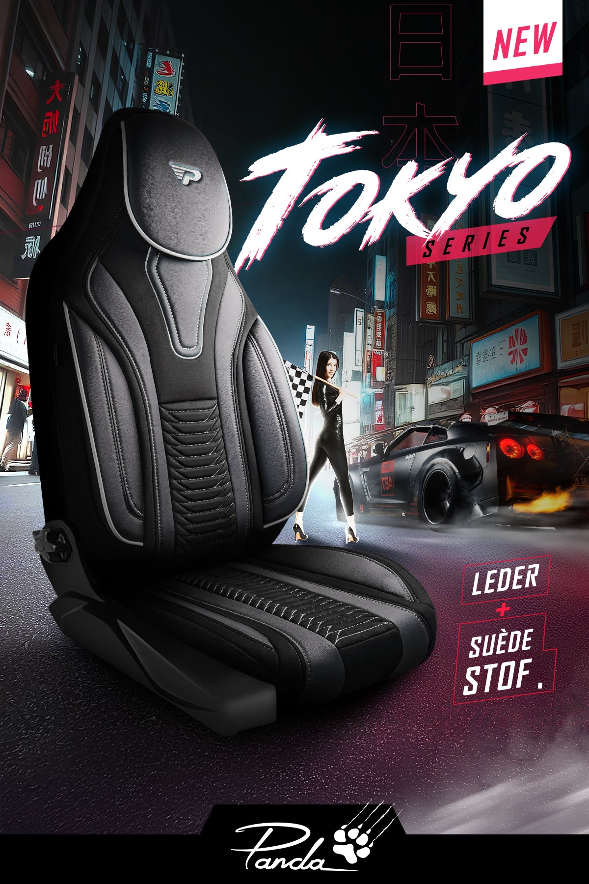 Panda Tokio Serie Wildleder und Leder Stoff Luxus Autositzbezug 1+1 Sitze