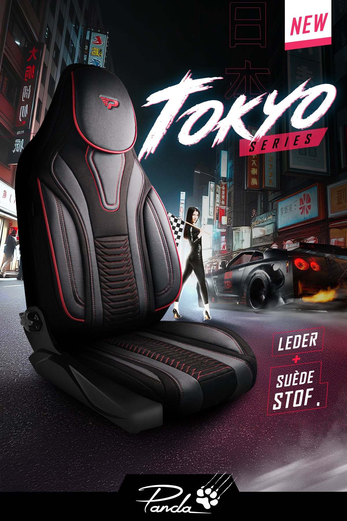 Panda Tokio Serie Wildleder und Leder Stoff Luxus Autositzbezug 1+1 Sitze